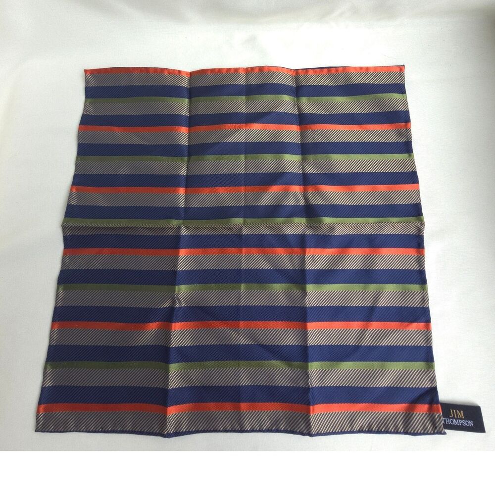 Jim Thompson Mens Blue Orange Green Striped 100% Thai Silk Pocket Square 12x12